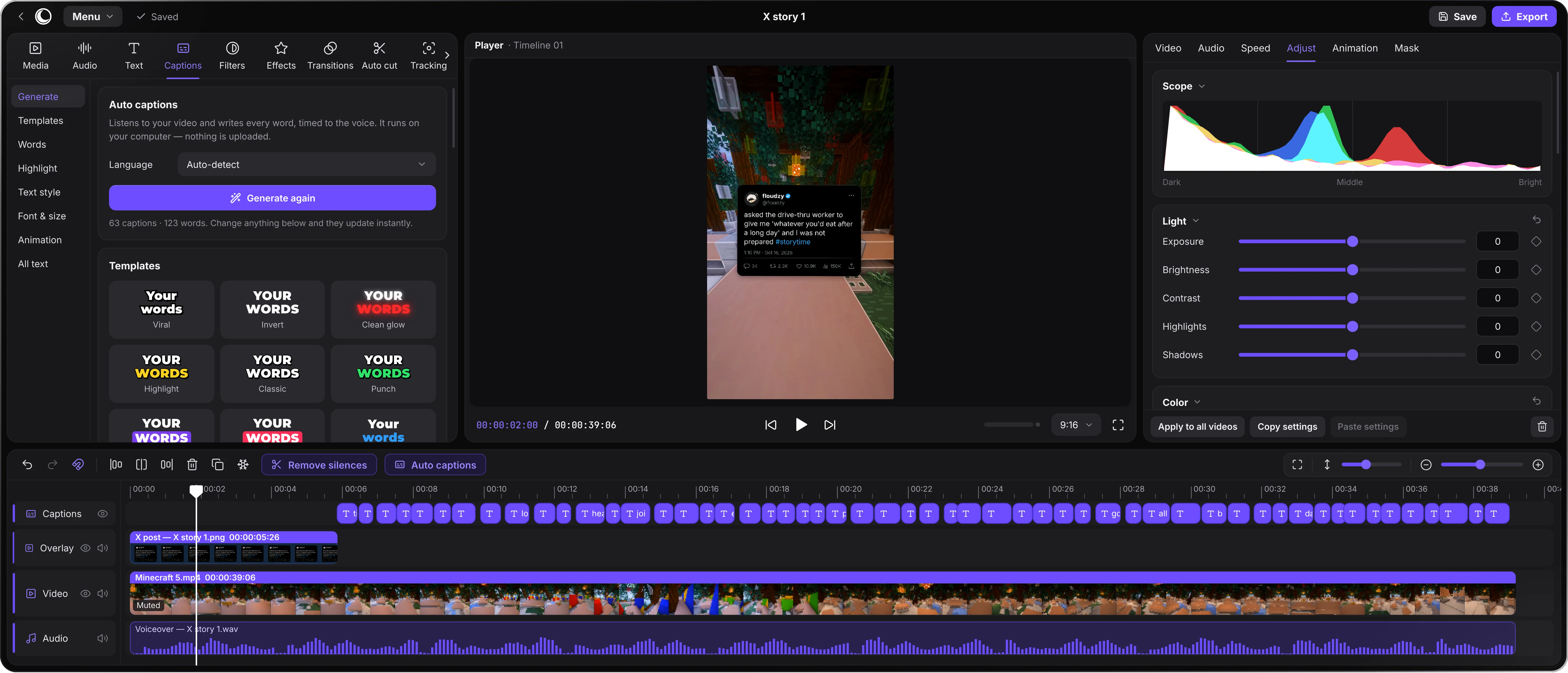 The Lunarcut editor: an X story with auto captions, a gameplay video track, an AI voiceover track and colour controls