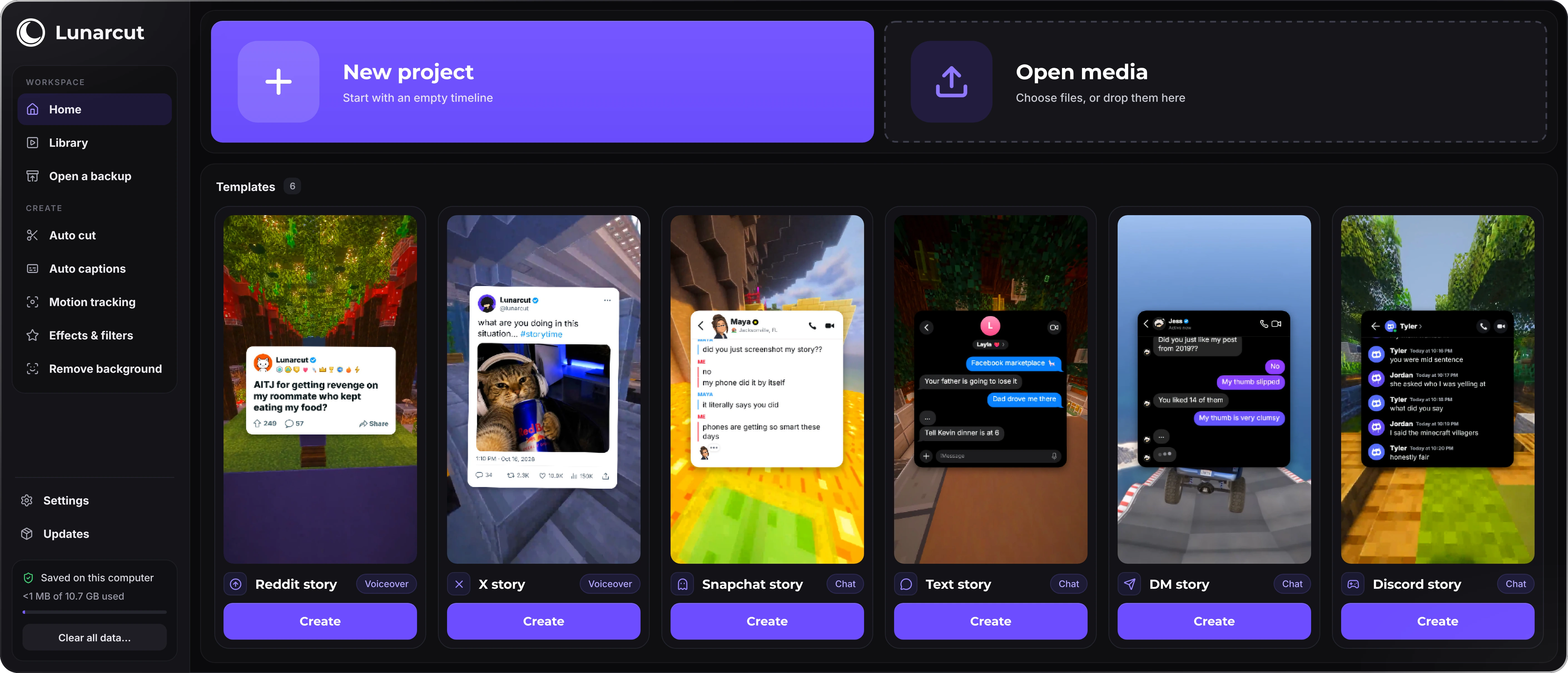 The Lunarcut home screen: start a new project, open media, or pick one of six viral templates: Reddit, X, Snapchat, text, DM and Discord stories